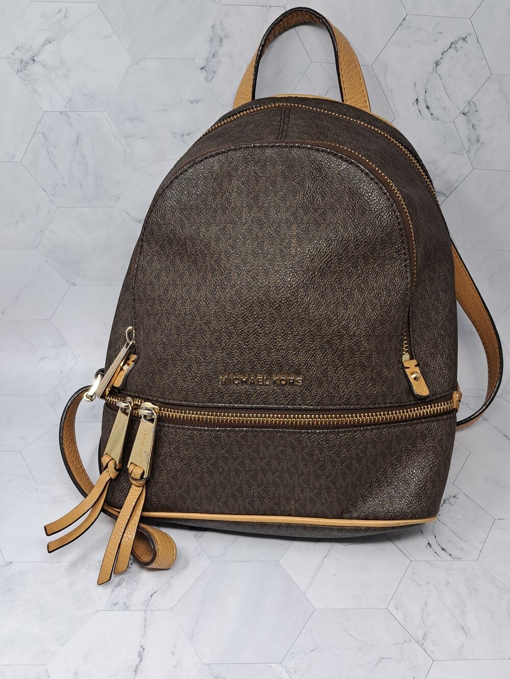 Michael Kors Rhea Medium Logo Backpack Brown Multi Pocket - Goldtone Hardware